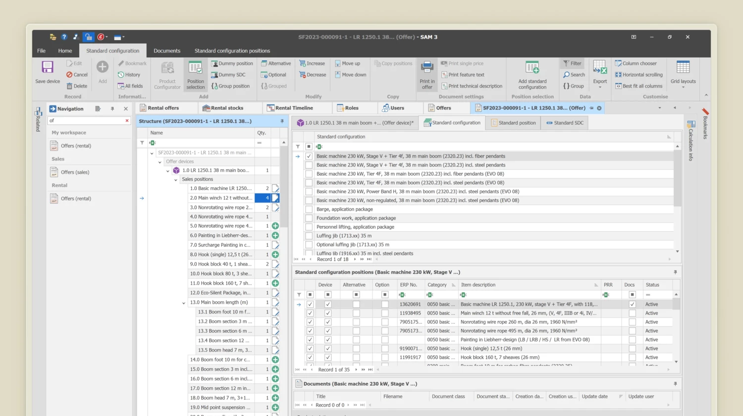 Proposal configuration with all relevant sales data SAM3 Angebotskonfiguration
