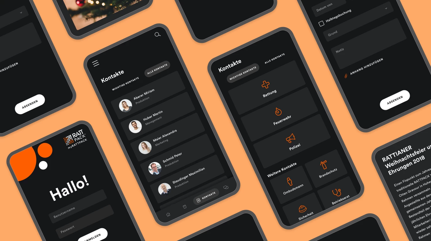 Screendesign für zukünftige Funktionen der Mitarbeiterapp Overview
