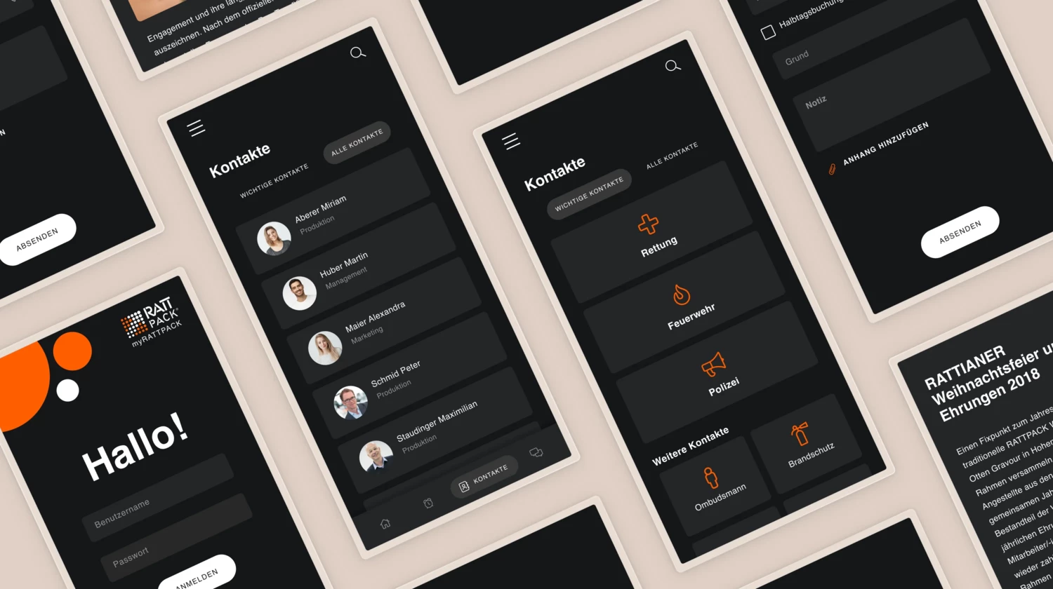 Screendesign für zukünftige Funktionen der Mitarbeiterapp Overview