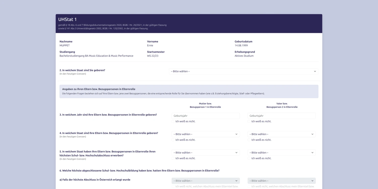 Studentenformular in StatPOSTer f&uuml;r die Dateneingabe