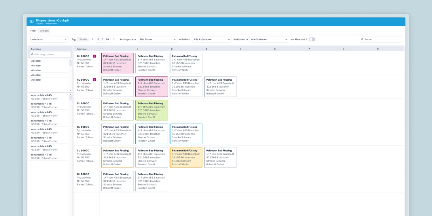 Dispositions-Cockpit aus dem rona:office-Redesign. Auftragssteuerung, die auf einen Blick funktioniert. Dispo-Cockpit