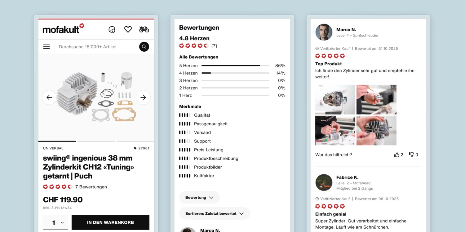 Detaillierte Produktbewertungen mit Fotos schaffen Vertrauen und machen die Community zum Verkaufsberater. produktbewertung_kultklub
