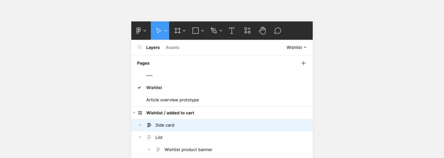 Top of the left sidebar with the layers tab selected and the page list visible Left sidebar