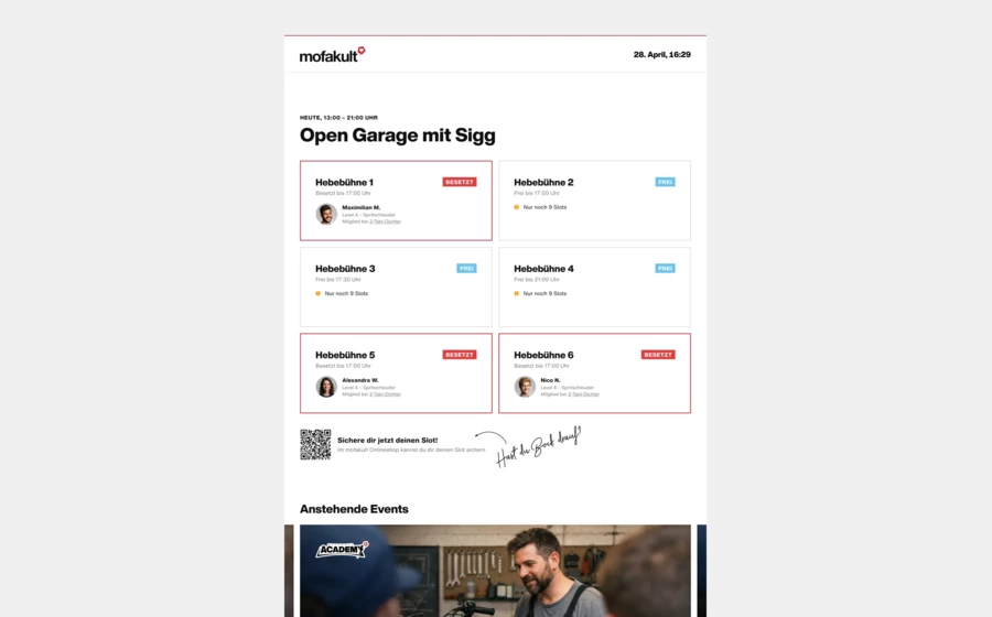 Ebenfalls vor Ort zeigt ein großes Dashboard eine Übersicht über den Buchungsstatus der Hebebühnen. 3_Open Garage Dashboard