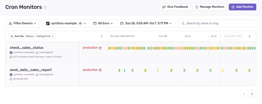 In the Cron Monitoring overview in Sentry you can easily see where it's burning when something is wrong. sentry_1