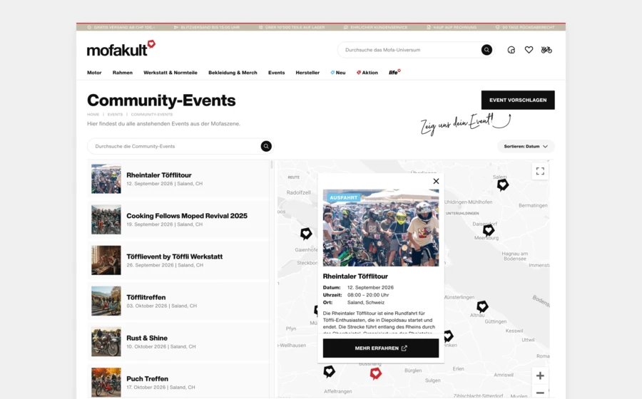 Externe Events, Treffen oder Ausfahrten der Community können über eine interaktive Karte gefunden werden. 6_Community Event Seite