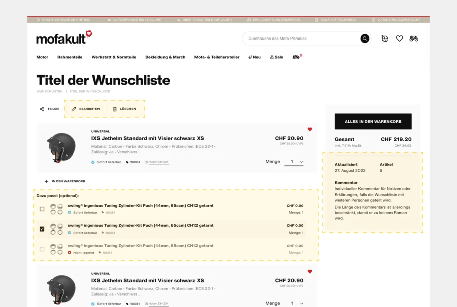 Vision der Detailseite der Wunschliste, wie sie für die nächste Version geplant ist. Wish list versionen